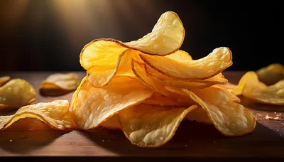 Stack Of Crispy Golden Potato Chips On Wooden Surface