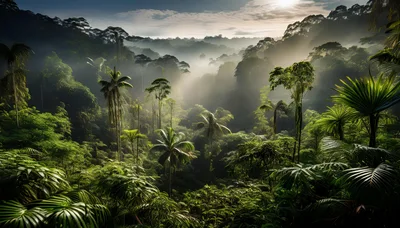 Lush Tropical Rainforest Canopy at Sunrise
