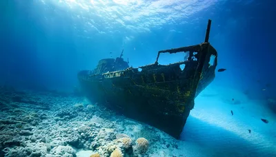Sunken Shipwreck Resting On The Tropical Ocean Floor
