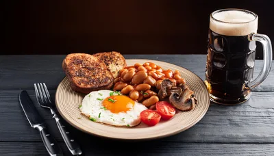 Traditional English Breakfast With Fried Egg And Beer