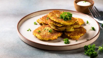 Crispy Potato Pancakes Served On A Ceramic Plate
