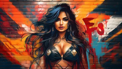 Portrait Of A Glamorous Woman Against Graffiti Brick Wall