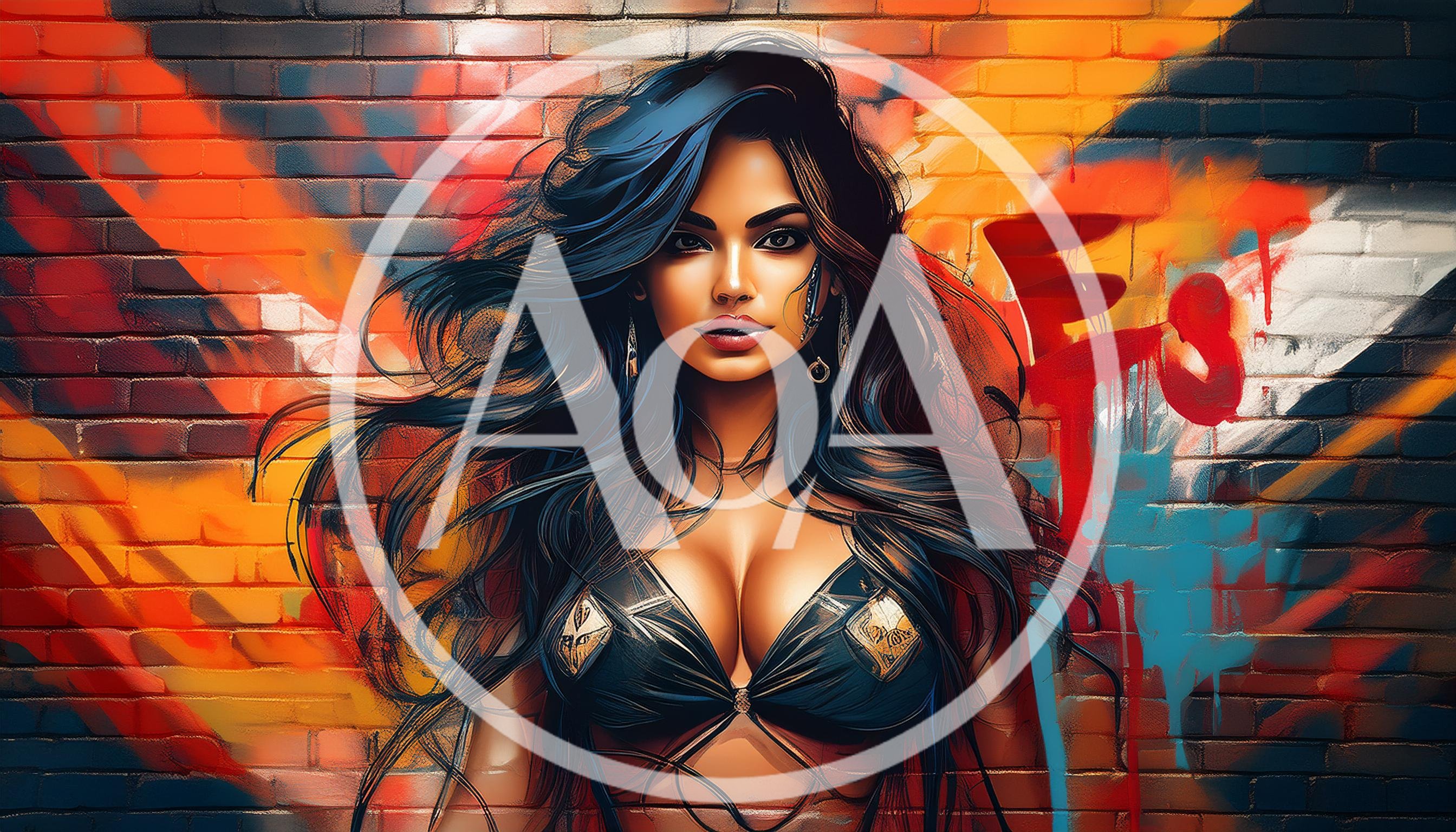 Portrait Of A Glamorous Woman Against Graffiti Brick Wall