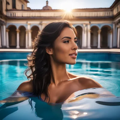 Beautiful Woman Relaxing In A Luxury Outdoor Swimming Pool