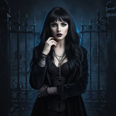 Gothic Woman Standing Before An Iron Cemetery Gate