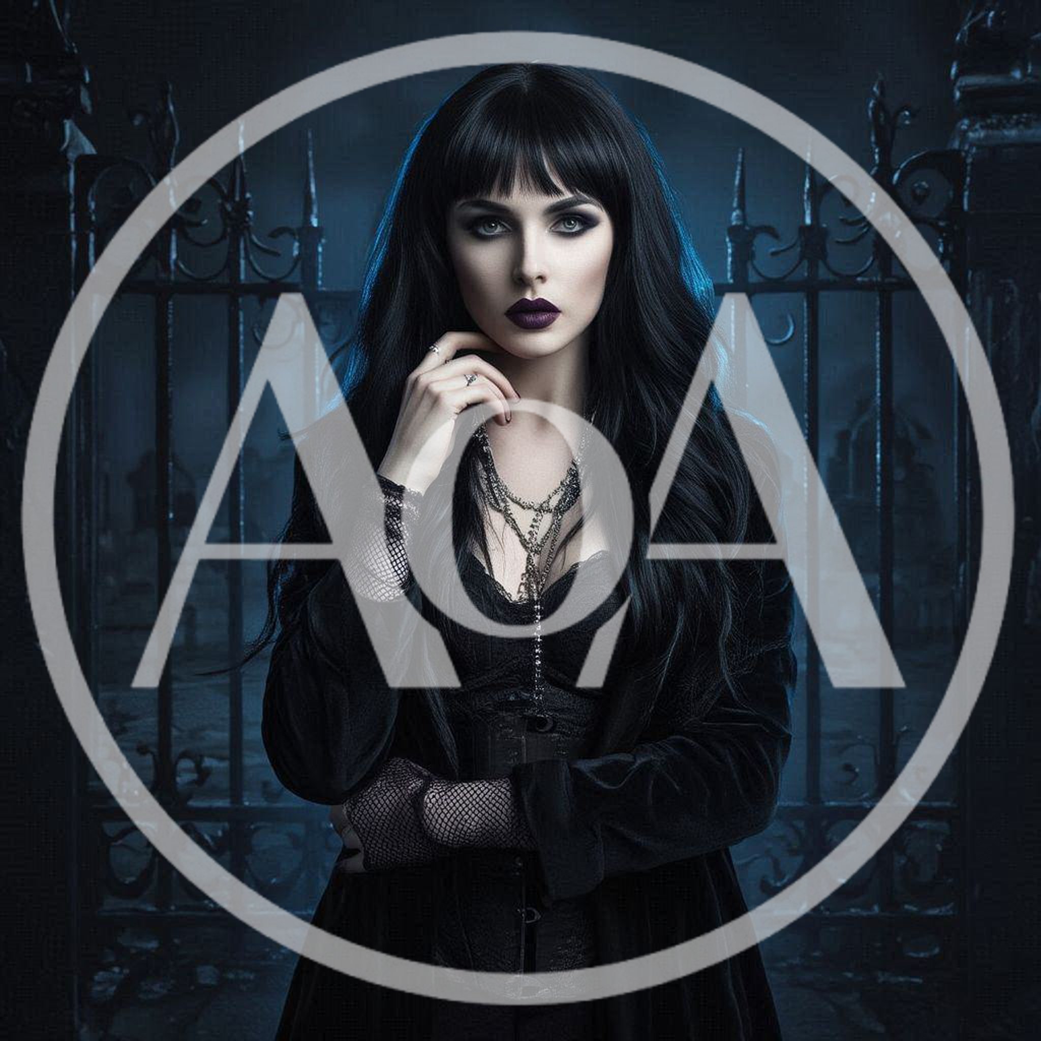 Gothic Woman Standing Before An Iron Cemetery Gate