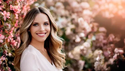 Portrait Of A Smiling Woman In A Floral Garden