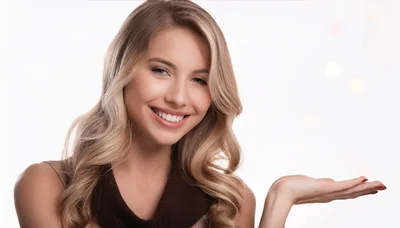 Smiling Blonde Woman Presenting With Open Hand