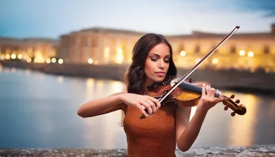 Young Woman Playing Violin Outdoors At Twilight