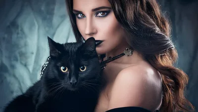 Woman With Dark Makeup Holding A Black Cat