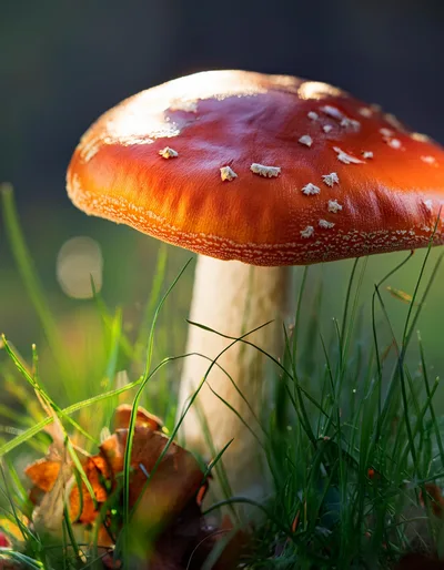 Amanita Muscaria Mushroom Growing In Green Grass