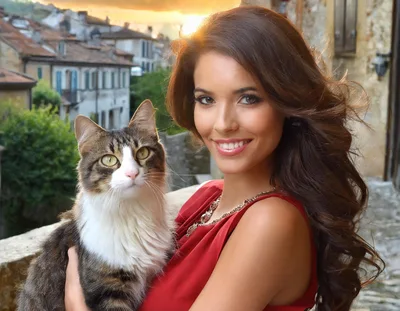 Beautiful Woman Holding A Fluffy Cat Outdoors