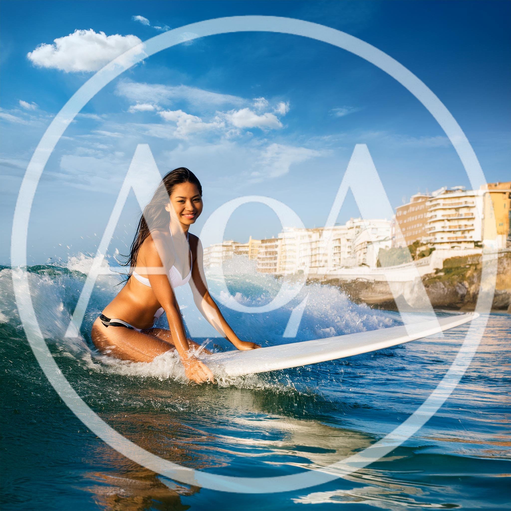 Young Woman Surfing On A Wave Near Coastal City