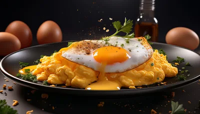 Fried Egg Over Scrambled Eggs On Black Plate