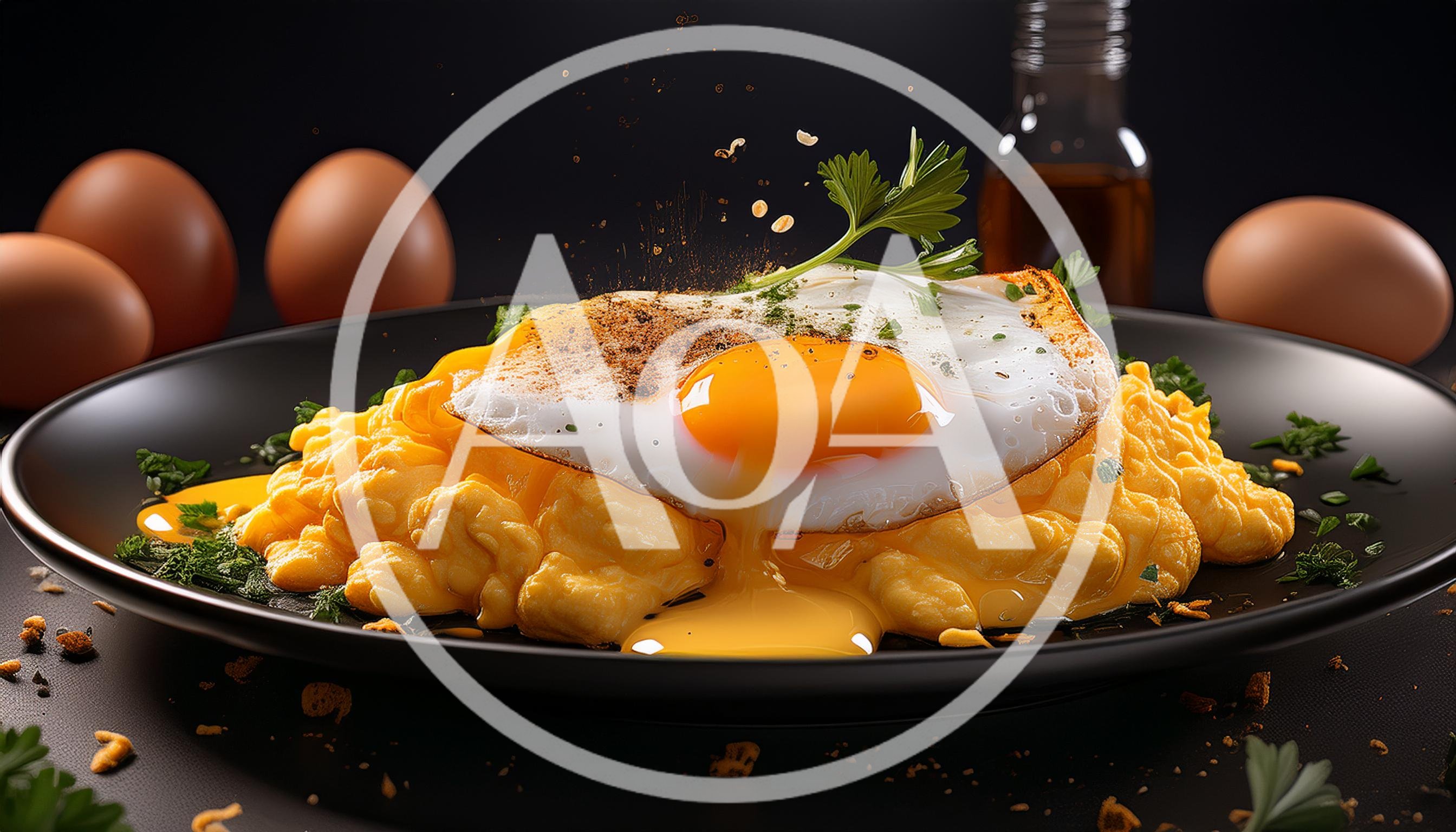Fried Egg Over Scrambled Eggs On Black Plate