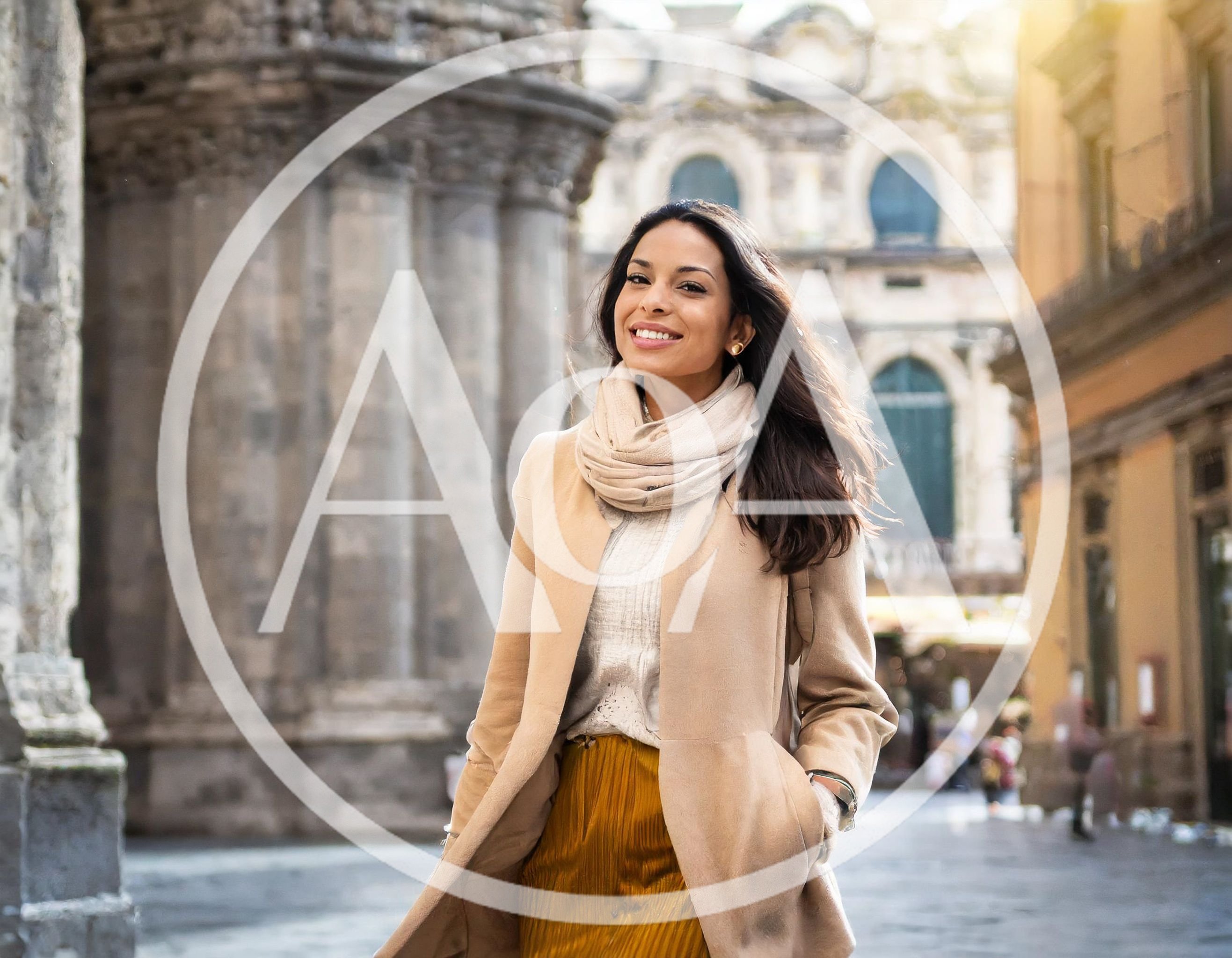 Smiling Woman Walking Through Historic European City Street