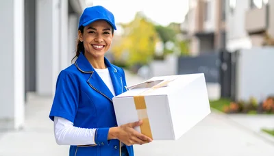 Smiling Delivery Woman Holding A Package Outdoors