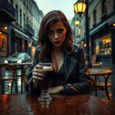 Young Woman Drinking Dark Beer at Outdoor Cafe
