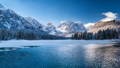 Winter Landscape Of Lago Di Braies In Italy