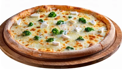 Fresh Broccoli And Cheese Pizza On Wooden Board