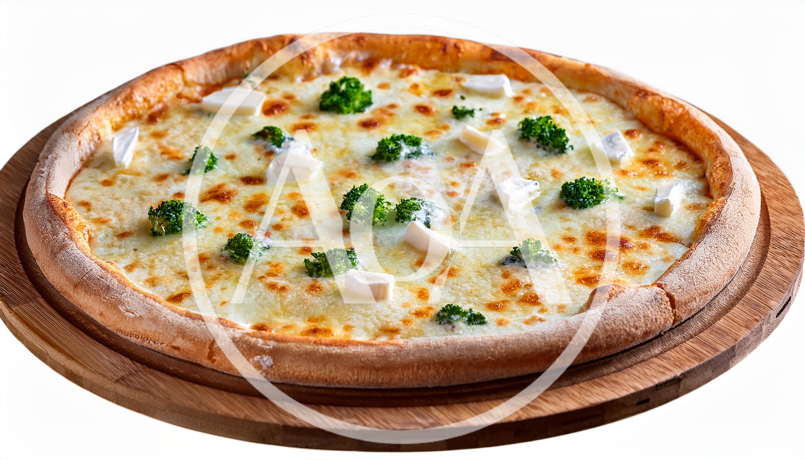 Fresh Broccoli And Cheese Pizza On Wooden Board
