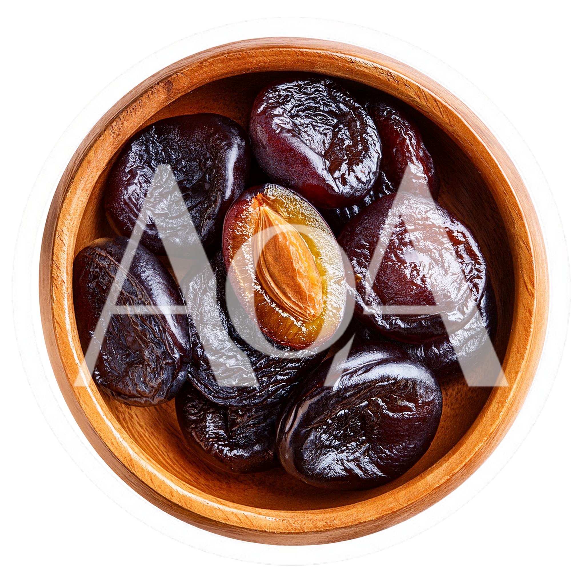 Dried Plums In A Wooden Bowl