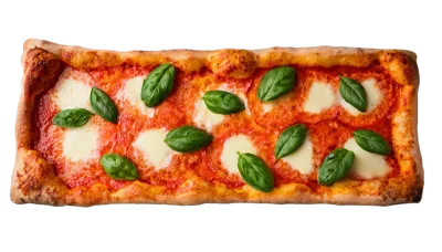 Rectangular Margherita Pizza With Fresh Basil Leaves