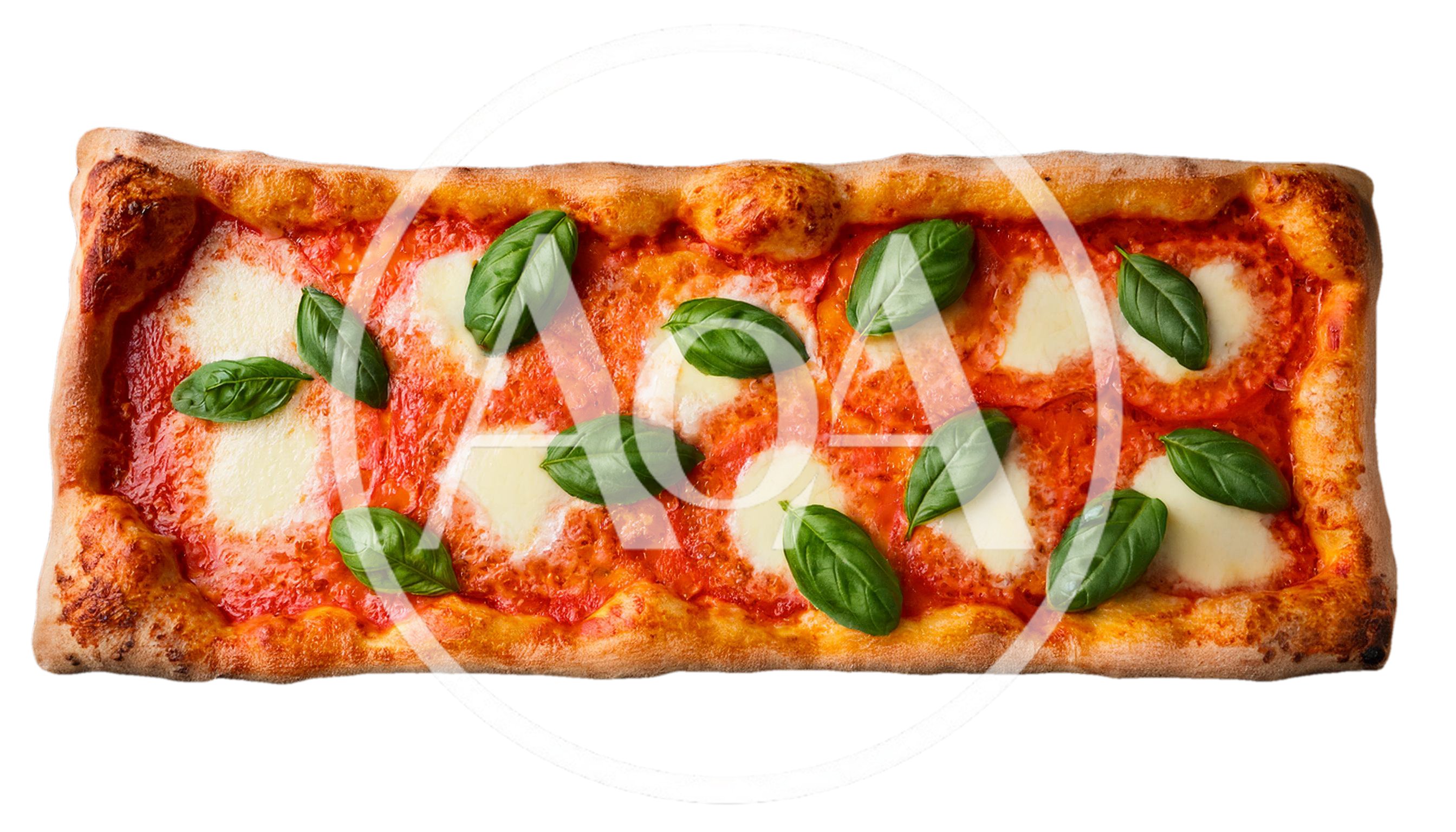 Rectangular Margherita Pizza With Fresh Basil Leaves