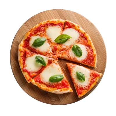 Fresh Margherita Pizza On A Wooden Serving Board