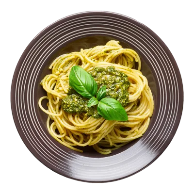 Spaghetti Pasta With Pesto Sauce And Fresh Basil