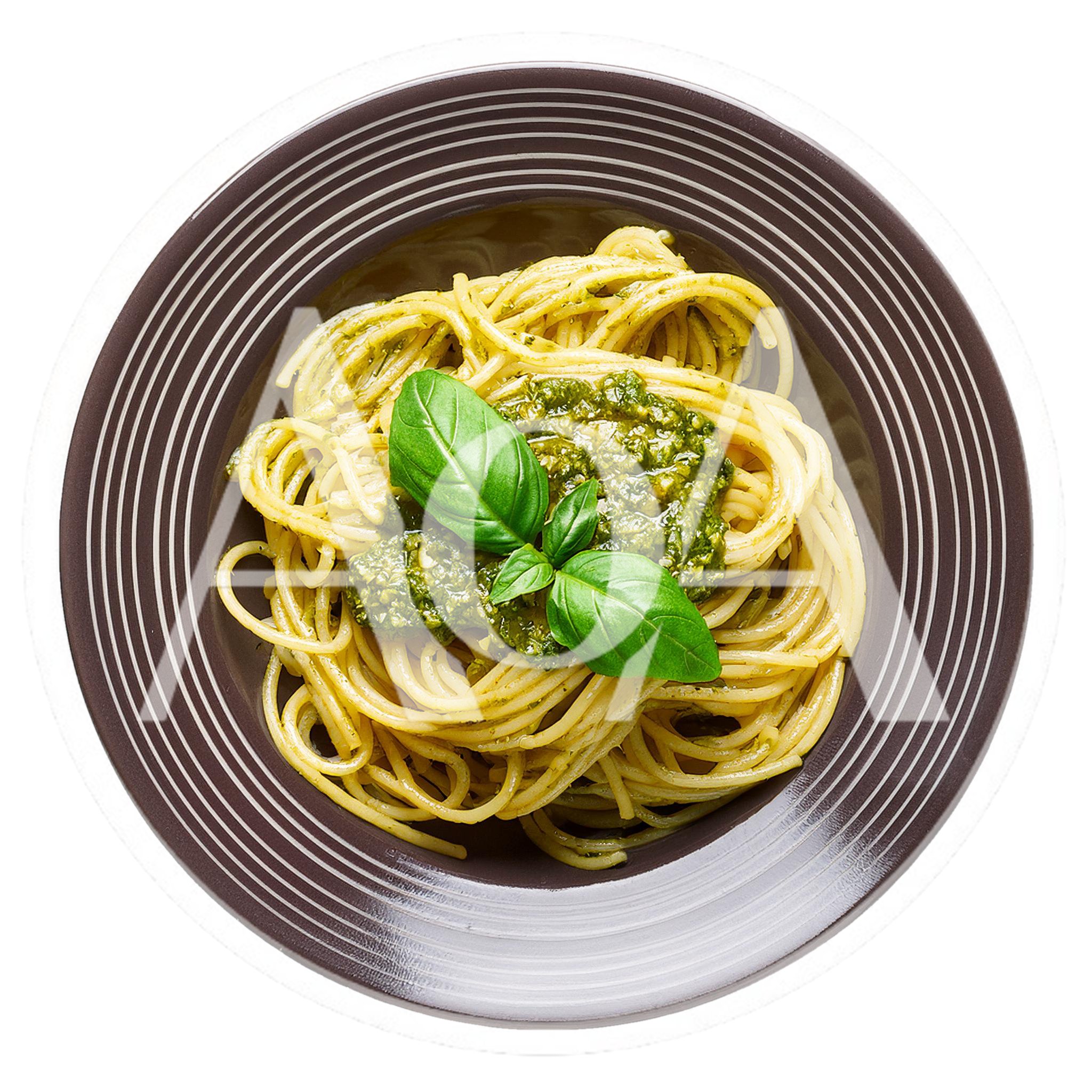 Spaghetti Pasta With Pesto Sauce And Fresh Basil