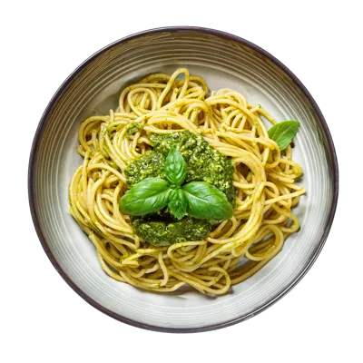 Spaghetti Pasta With Fresh Basil Pesto Sauce