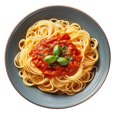 Spaghetti With Tomato Sauce And Fresh Basil Garnish