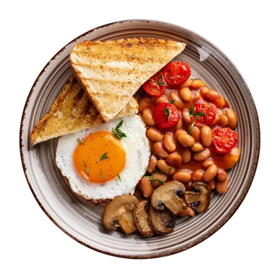 Full English Breakfast Plate With Egg Beans And Toast