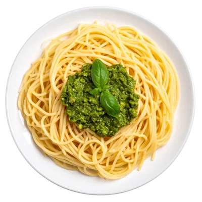 Spaghetti Pasta With Pesto Sauce On A White Plate