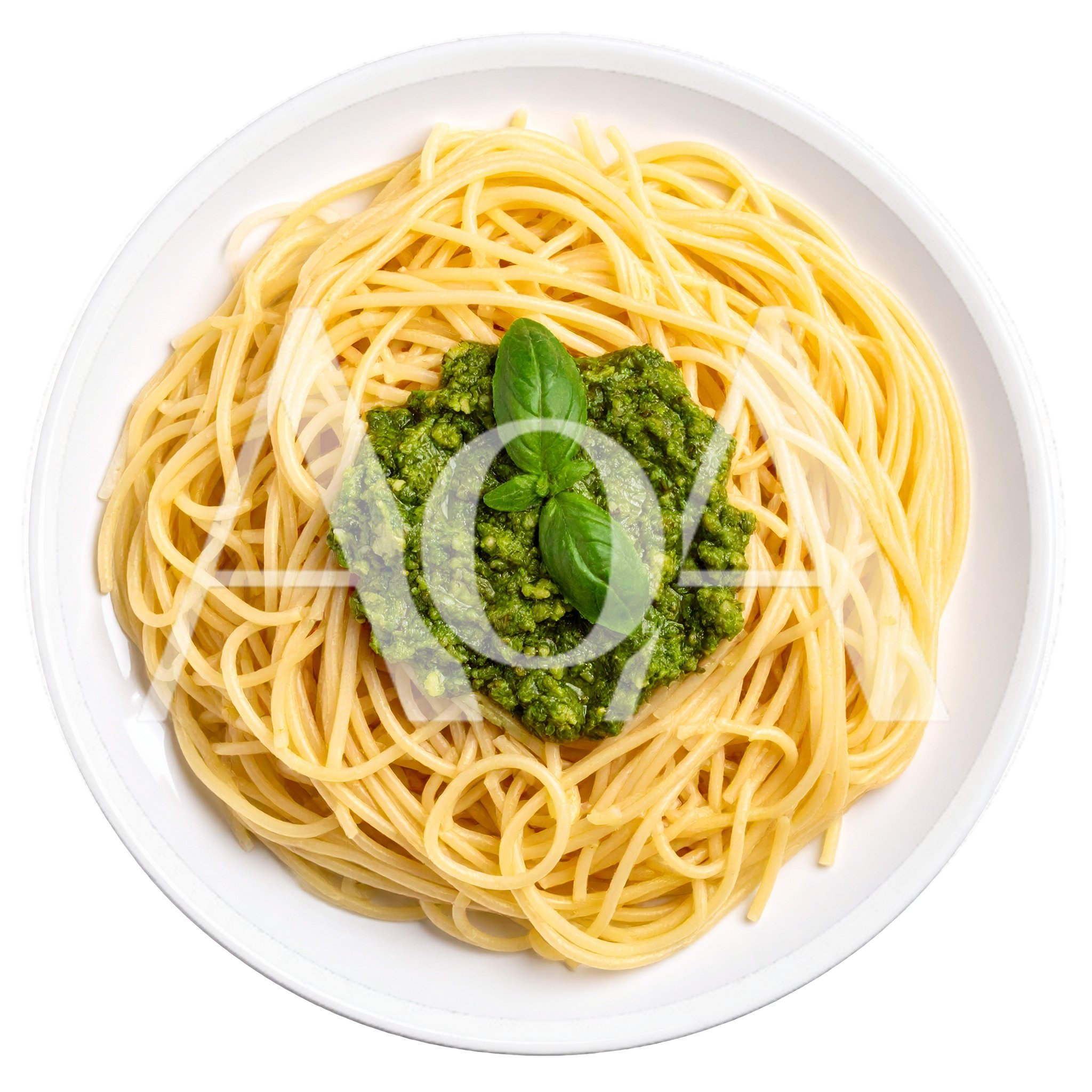 Spaghetti Pasta With Pesto Sauce On A White Plate
