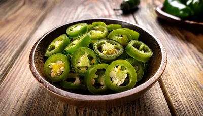 Fresh Sliced Jalapeno Peppers In A Wooden Bowl