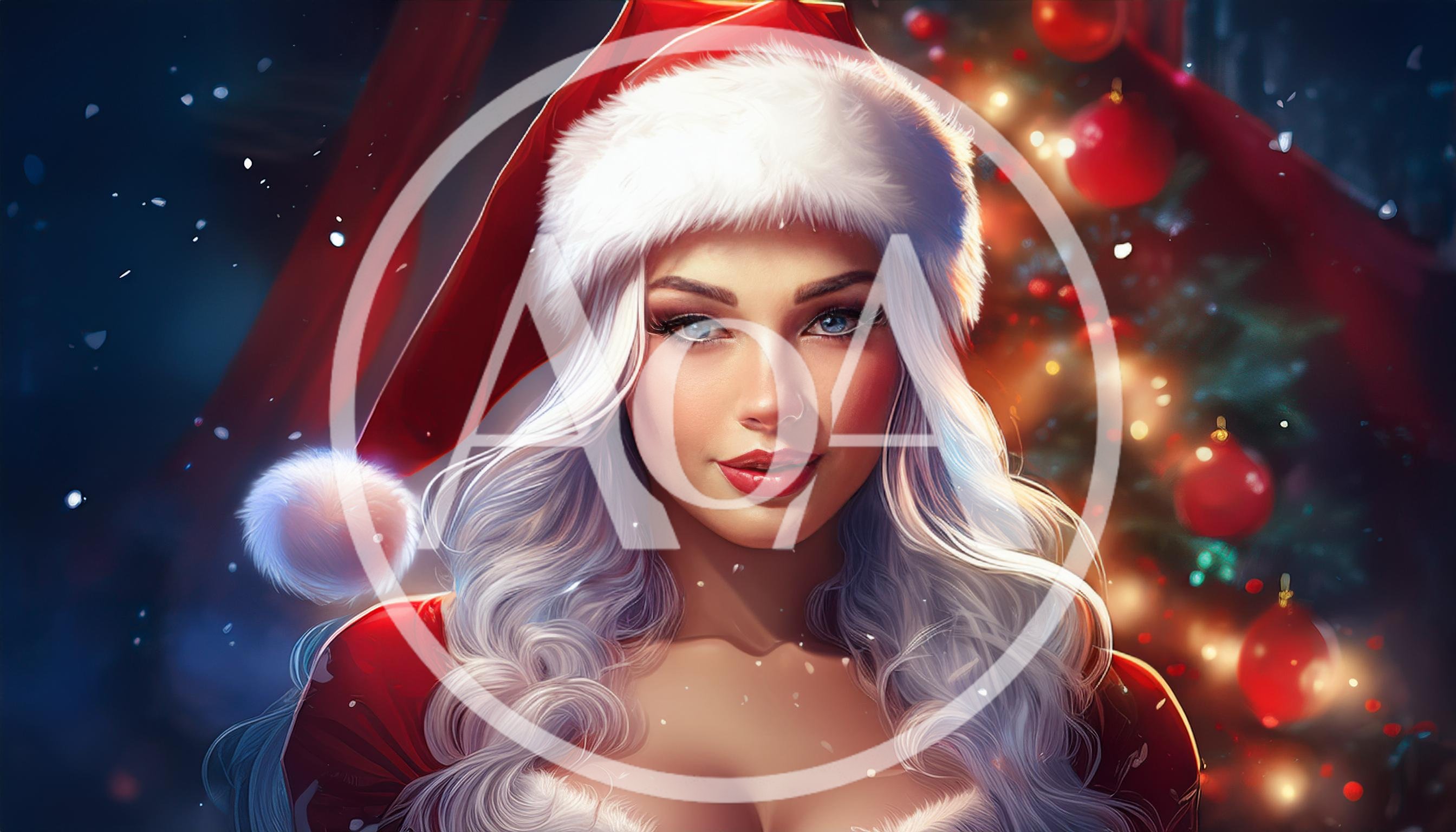 Beautiful Woman Wearing Santa Hat Near Christmas Tree