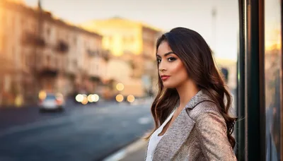 Young Woman Standing Outdoors In City At Sunset