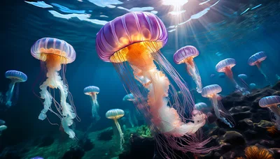 Group Of Bioluminescent Jellyfish Swimming In Deep Ocean