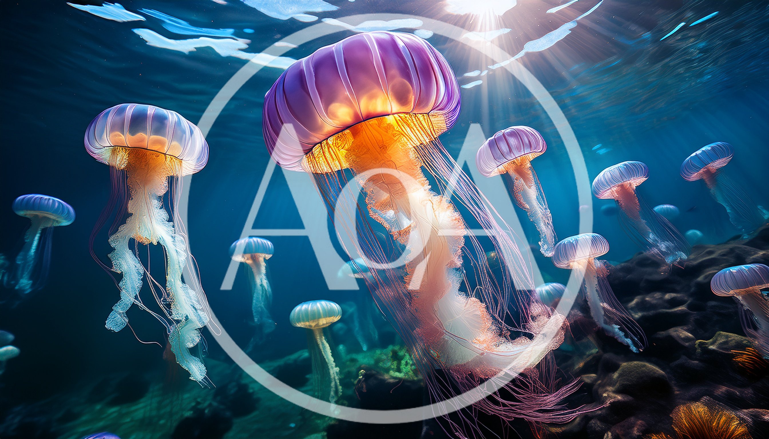 Group Of Bioluminescent Jellyfish Swimming In Deep Ocean