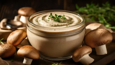 Creamy Mushroom Dip In Glass Bowl With Fresh Herbs