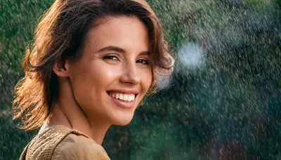 Smiling Woman Enjoying Refreshing Rain Outdoors