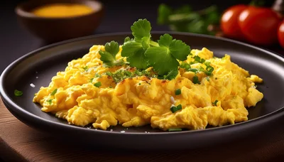 Plate Of Fluffy Scrambled Eggs With Herbs