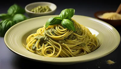 Spaghetti Pasta With Pesto Sauce And Basil