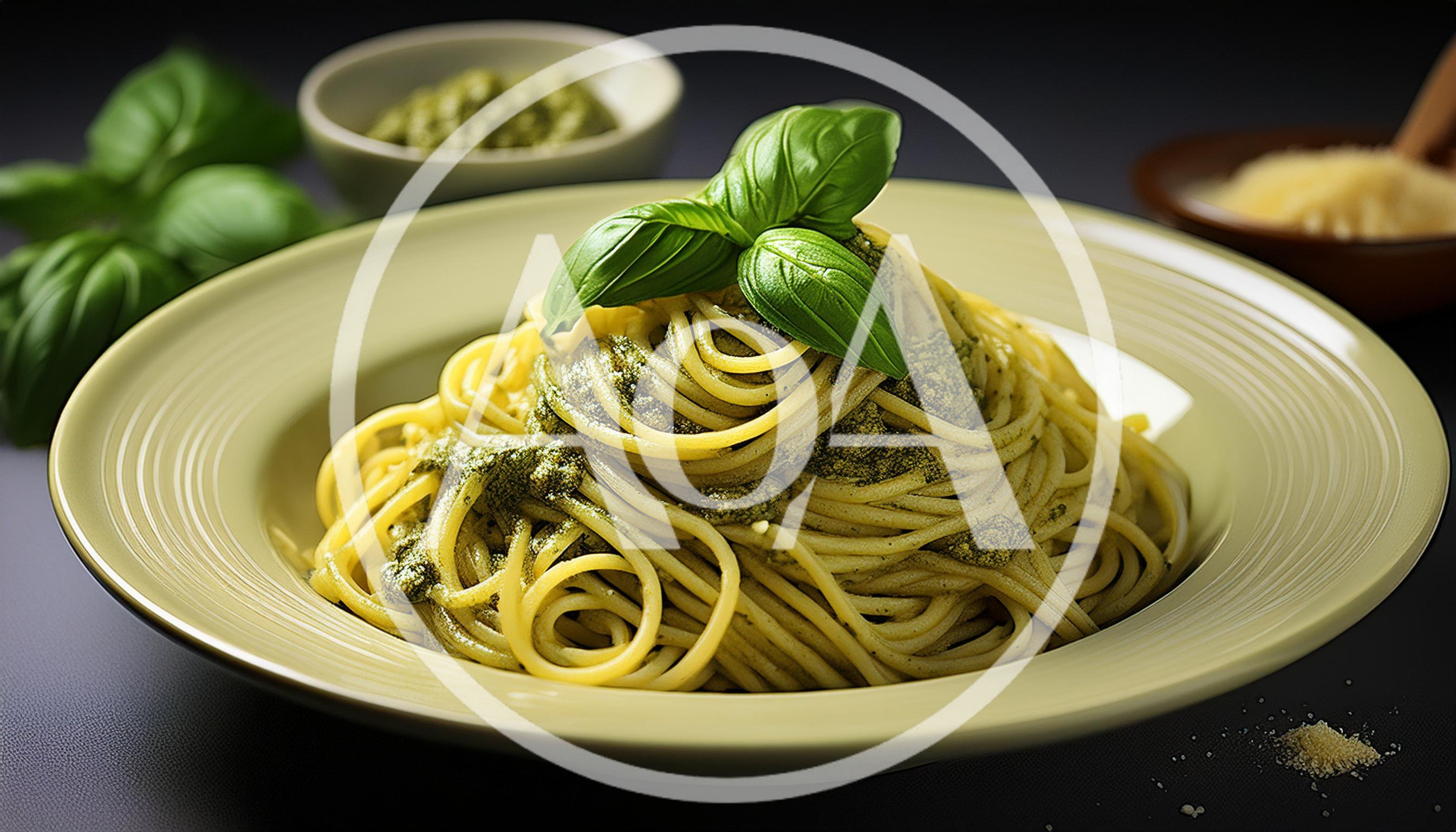 Spaghetti Pasta With Pesto Sauce And Basil