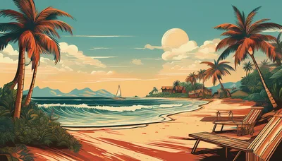 Tropical Beach Landscape With Palm Trees And Lounge Chairs
