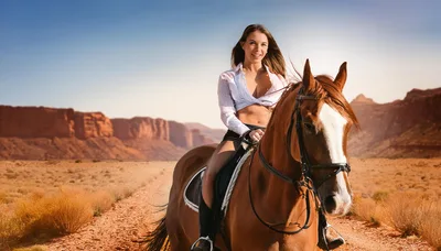 Young Woman Riding Horse Through Desert Landscape