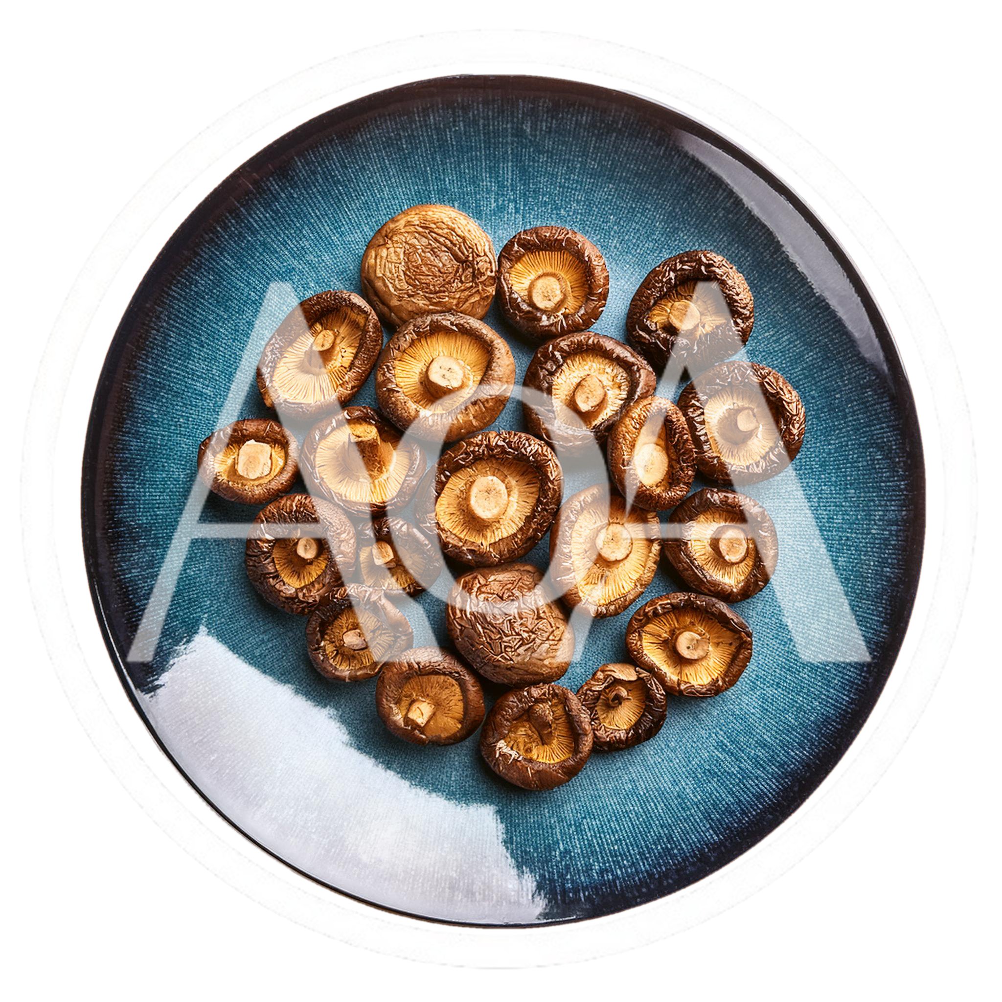 Dried Shiitake Mushrooms On A Blue Ceramic Plate
