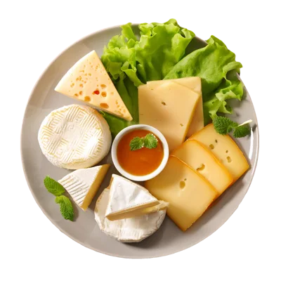 Assorted Cheese Platter With Honey And Fresh Lettuce